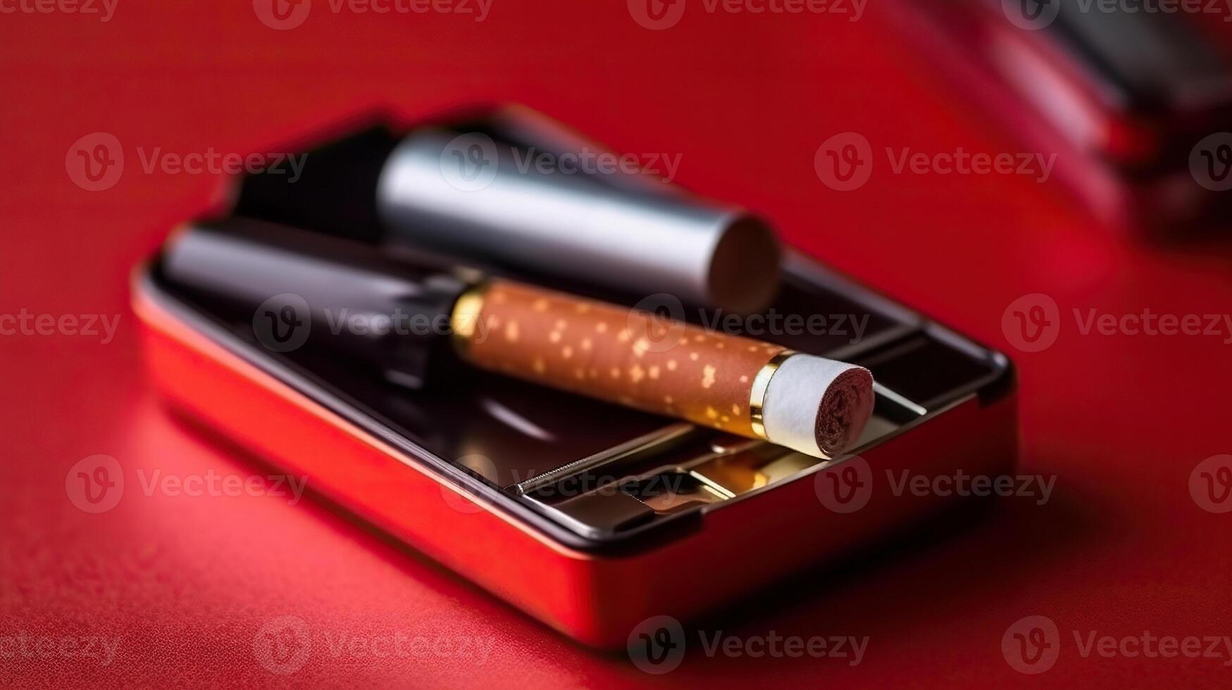 elektronisch Zigaretten im ein rot Aschenbecher auf Hintergrund. generativ ai. foto