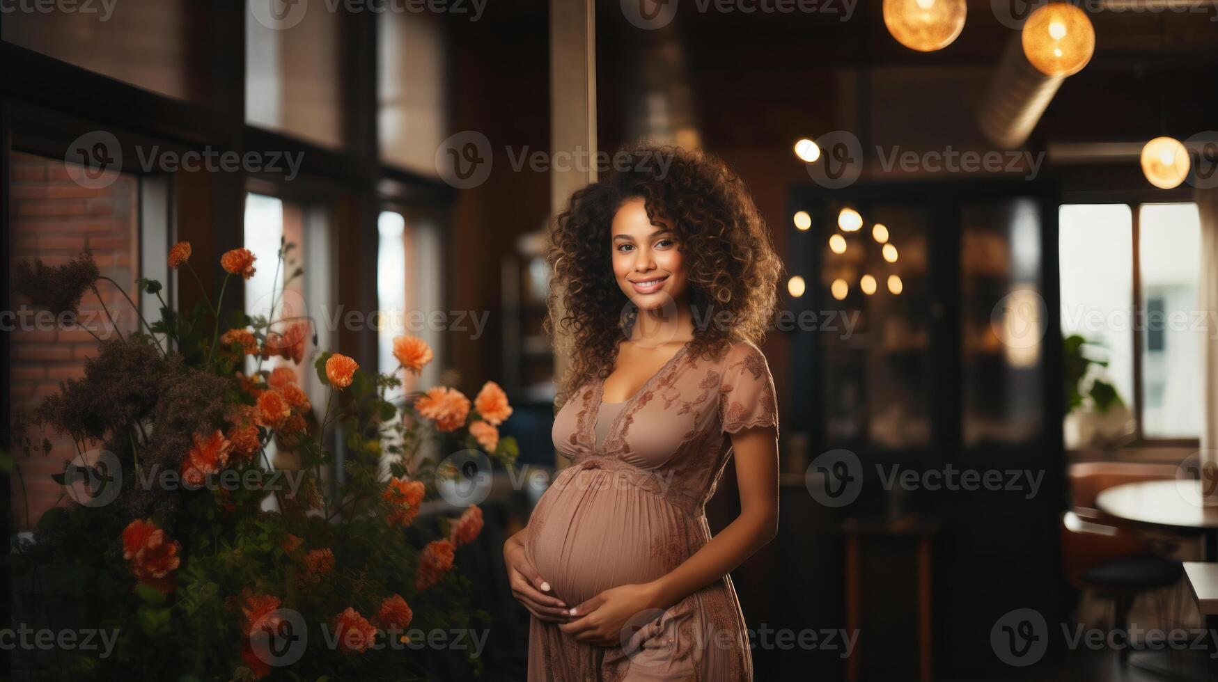 schön afrikanisch amerikanisch schwanger Frau mit lockig Haar beim Cafe. generativ ai. foto