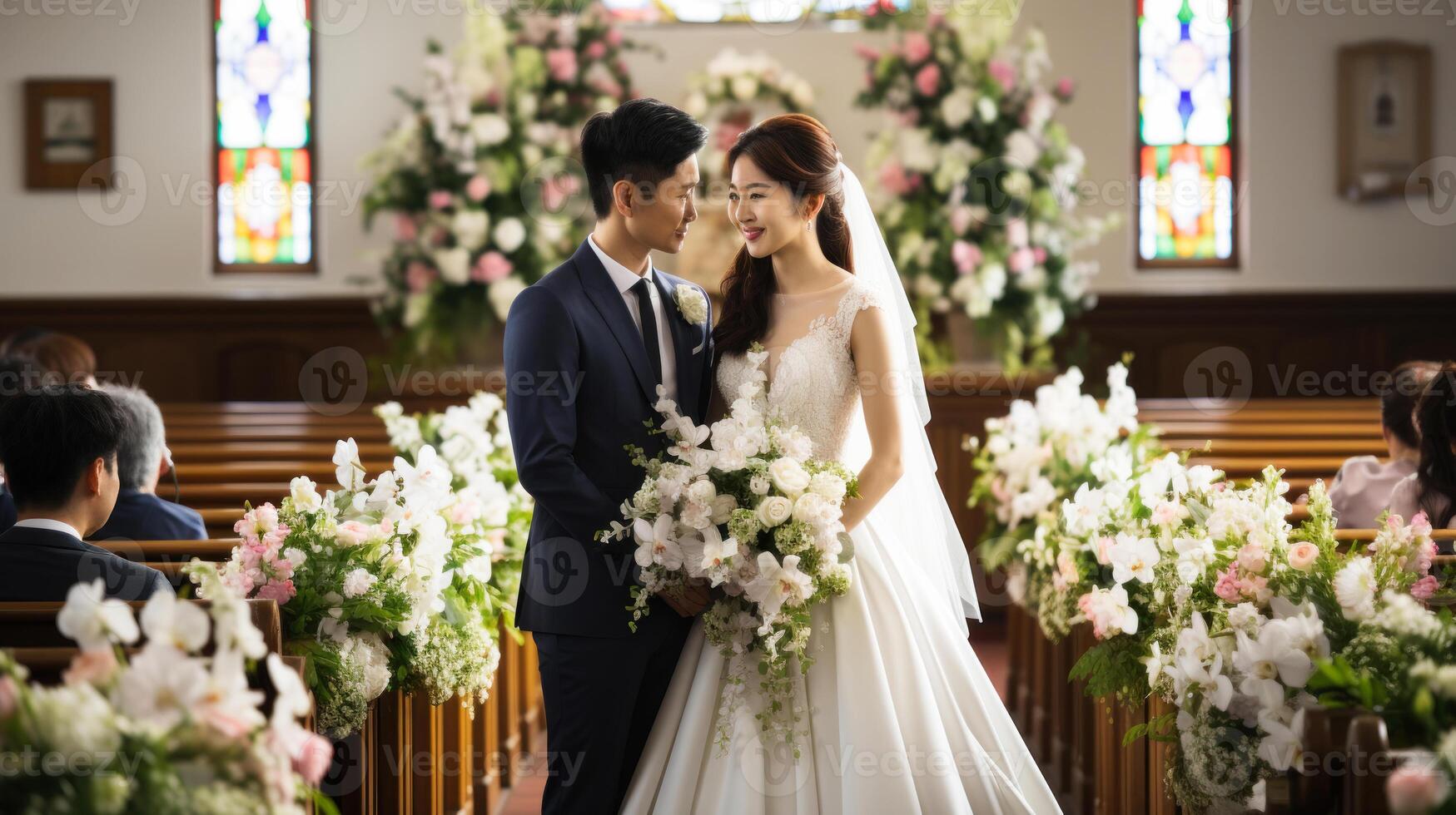 asiatisch Braut und Bräutigam im Kirche. japanisch Hochzeit Paar im Liebe. generativ ai. foto