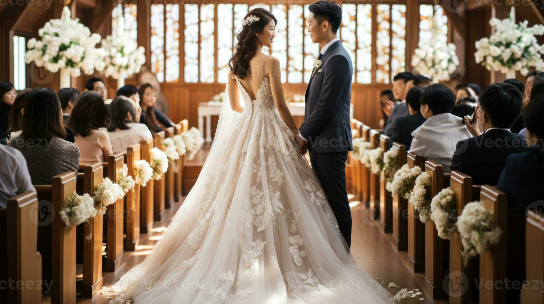 asiatisch Braut und Bräutigam im ein Kirche. Hochzeit Tag. generativ ai. foto