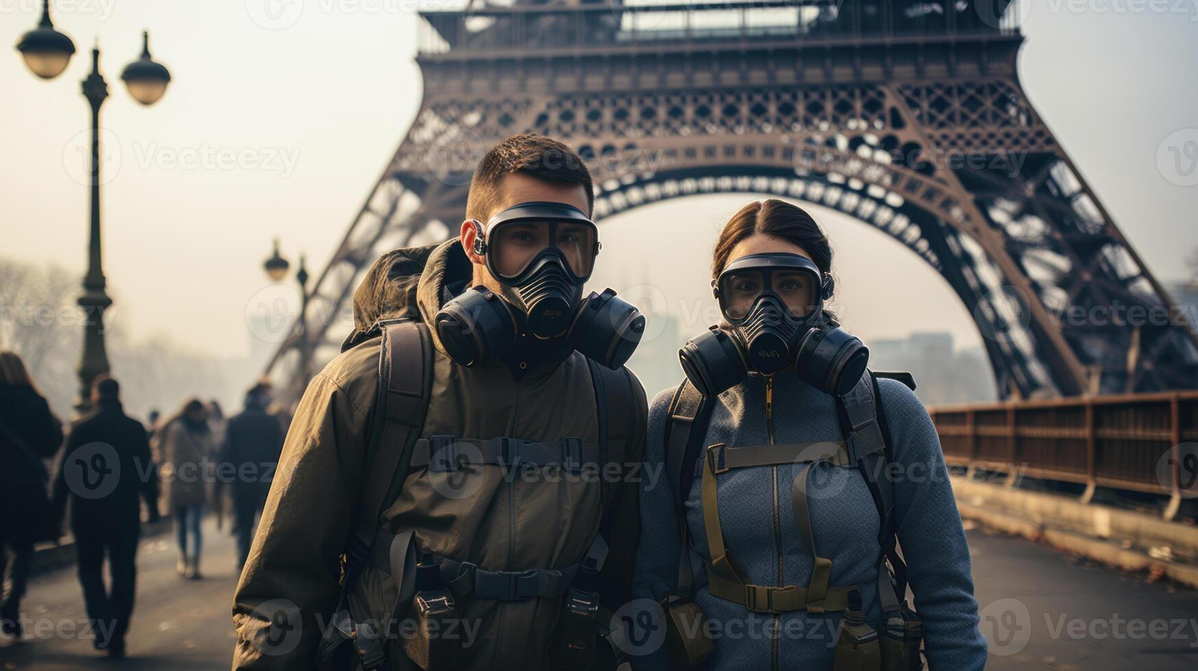 Paar von Touristen im Gas Masken gegen Eiffel Turm im Post Apokalypse Paris, Frankreich. generativ ai. foto