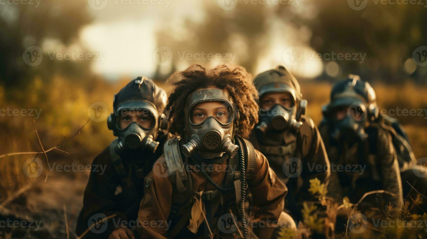 Gruppe von Kinder im Gas Masken überlebt im Strahlung Feld. generativ ai. foto