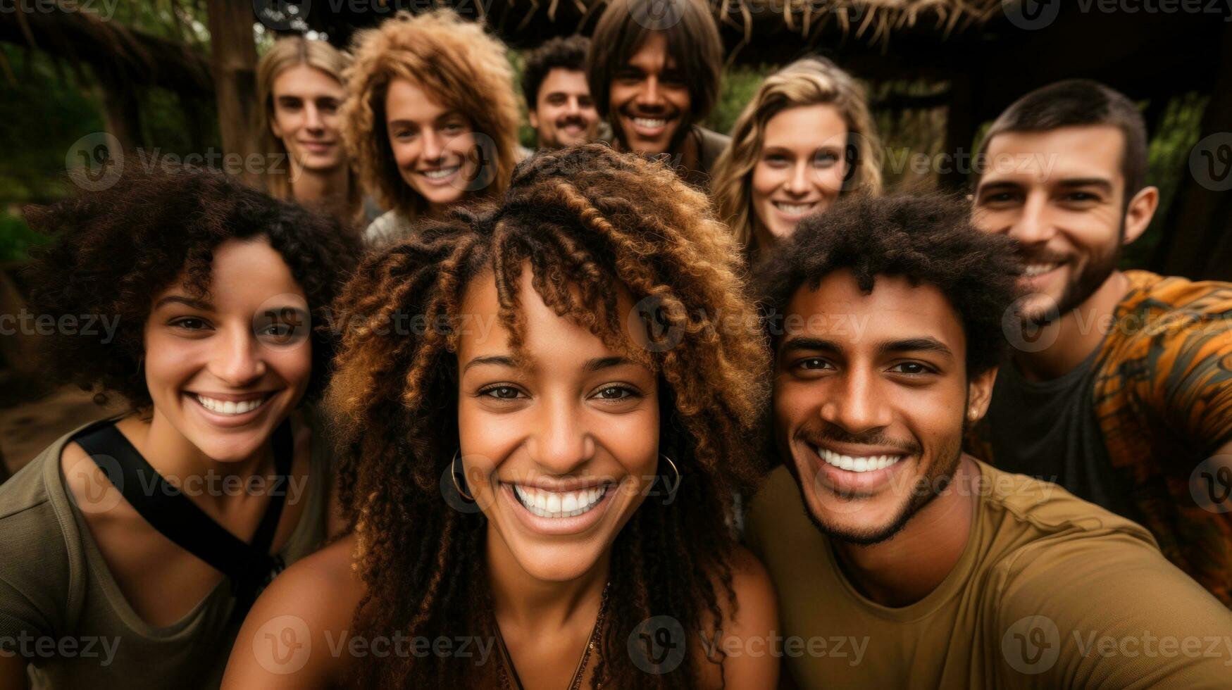 Porträt von Gruppe von freunde lächelnd und suchen beim Kamera im Wald Lager. generativ ai. foto