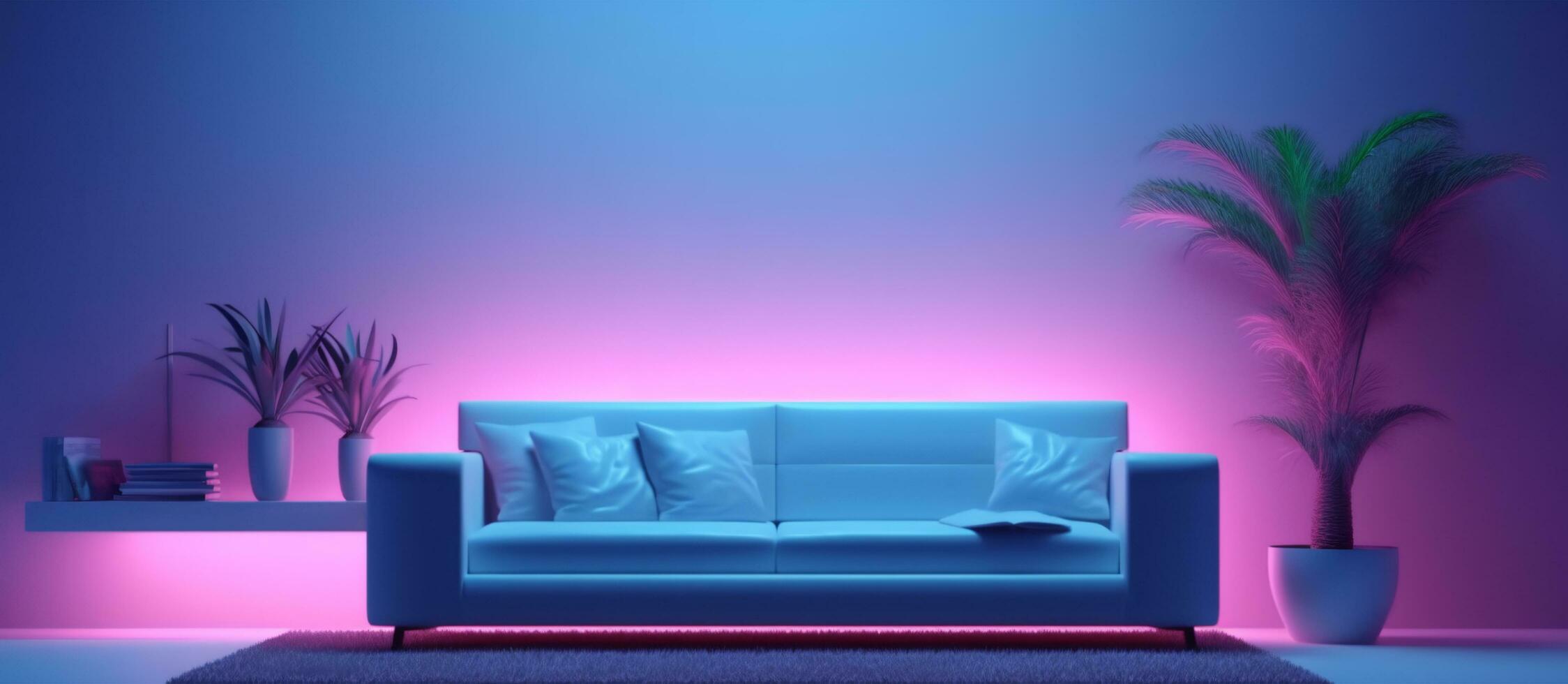 Leben Zimmer Innere Porträt mit bunt Neon- Beleuchtung Wirkung, generativ ai foto