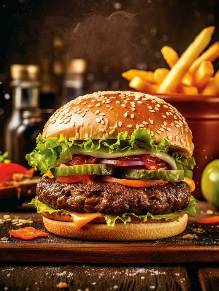 schnell Essen Burger Poster, Burger Design Bedienung Beförderung Vorlage. Burger Flyer zum Restaurant Speisekarte, Cafe, usw. generativ ai. foto