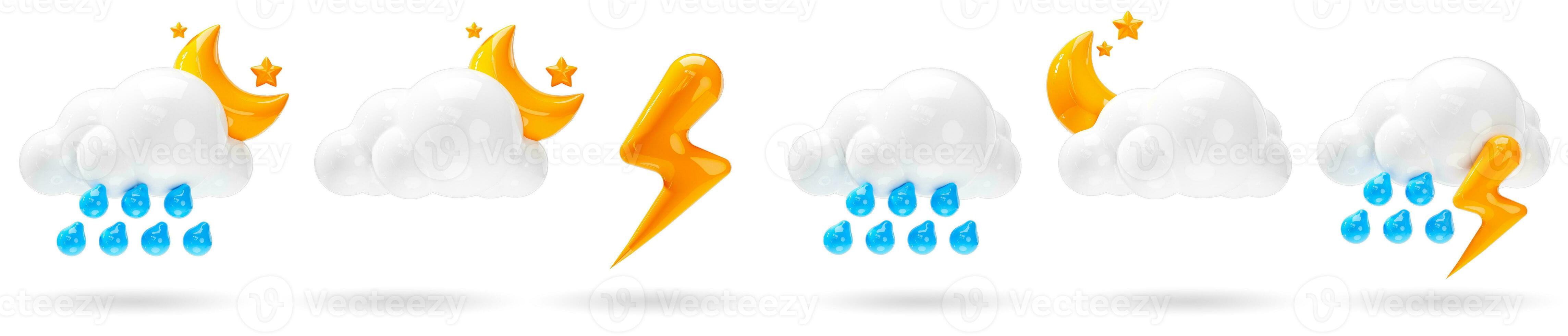 einstellen von 3d Wetter Symbole. regnen, Blitz, Gewitter und Party wolkig Symbole auf isoliert Weiß Hintergrund. Prognose Zeichen Design zum Anwendung und Netz. 3d machen Illustration. foto