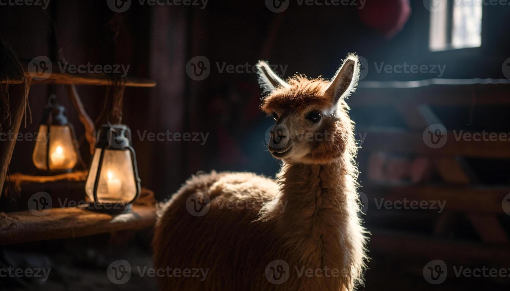 flauschige Alpaka lächelt zum Porträt auf Bauernhof generiert durch ai foto