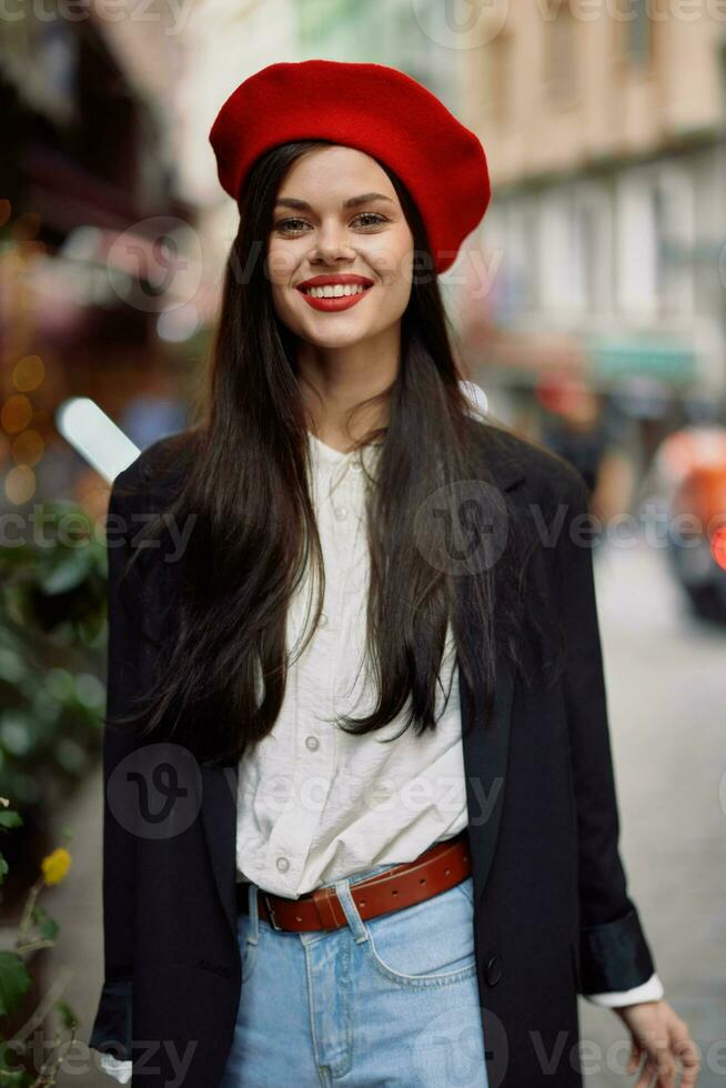 Frau Lächeln Mode Modell- Spaziergänge auf das Straße im das Stadt Center unter das Menge im ein Jacke und rot Baskenmütze und Jeans, filmisch Französisch Mode Stil Kleidung, Reise zu Istanbul Frühling foto