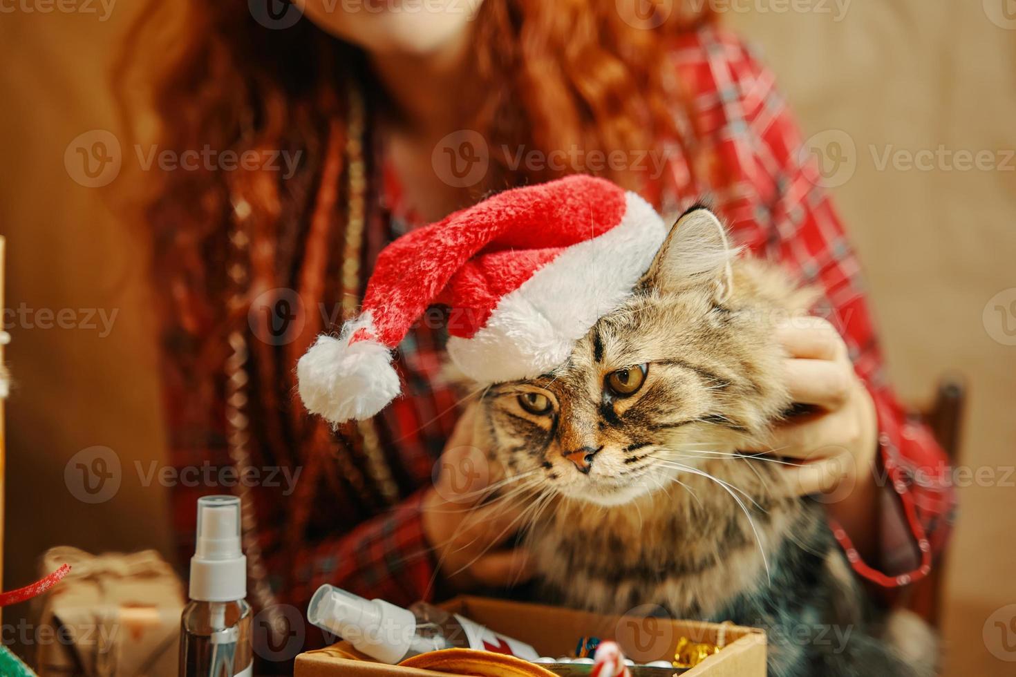 Mädchen im karierten Pyjama hält eine flauschige Katze in Weihnachtsmannmütze foto