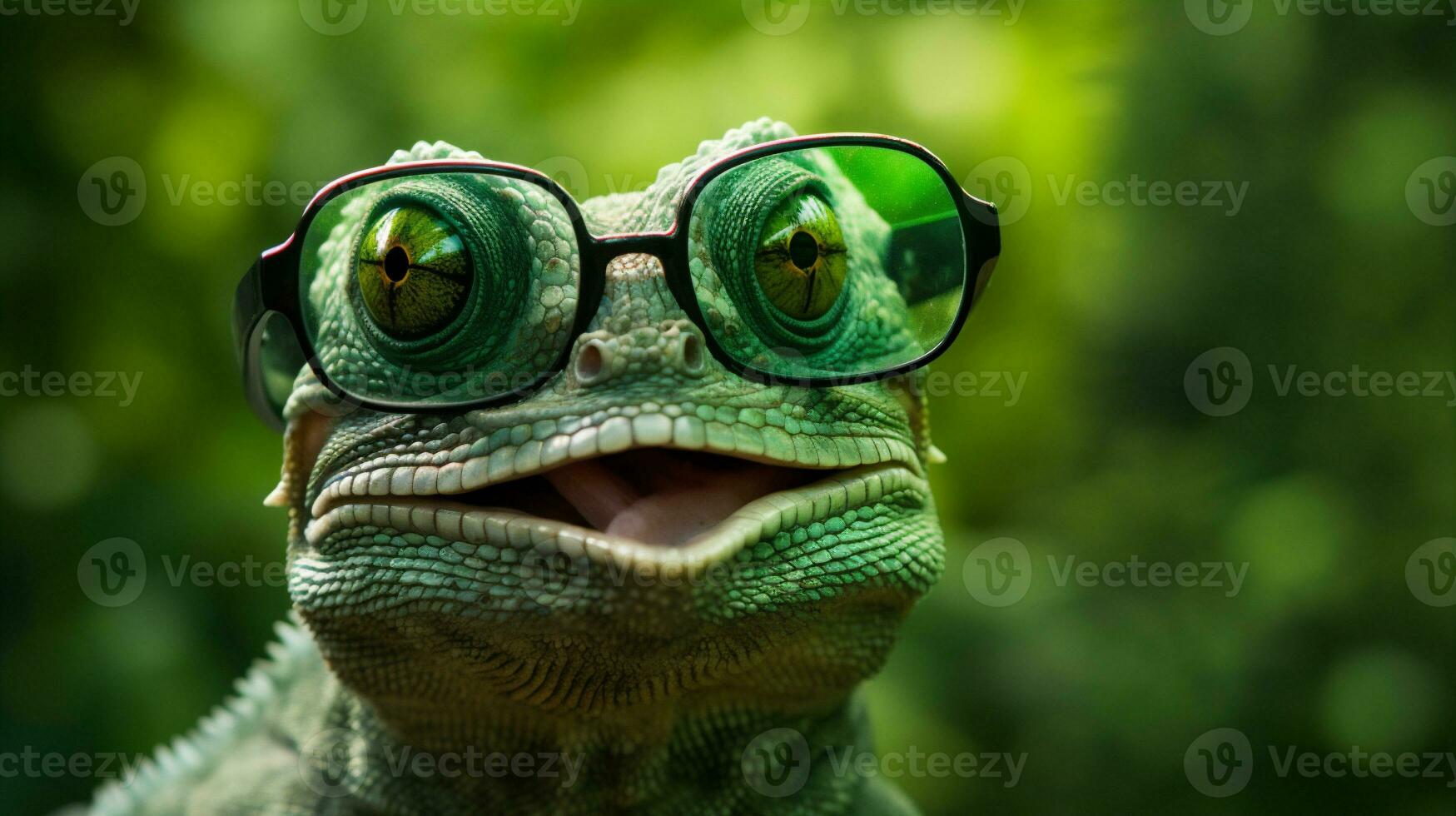 Grün Porträt Eidechse Rahmen Nahansicht Leguan Tier Reptil Tierwelt Brille. generativ ai. foto