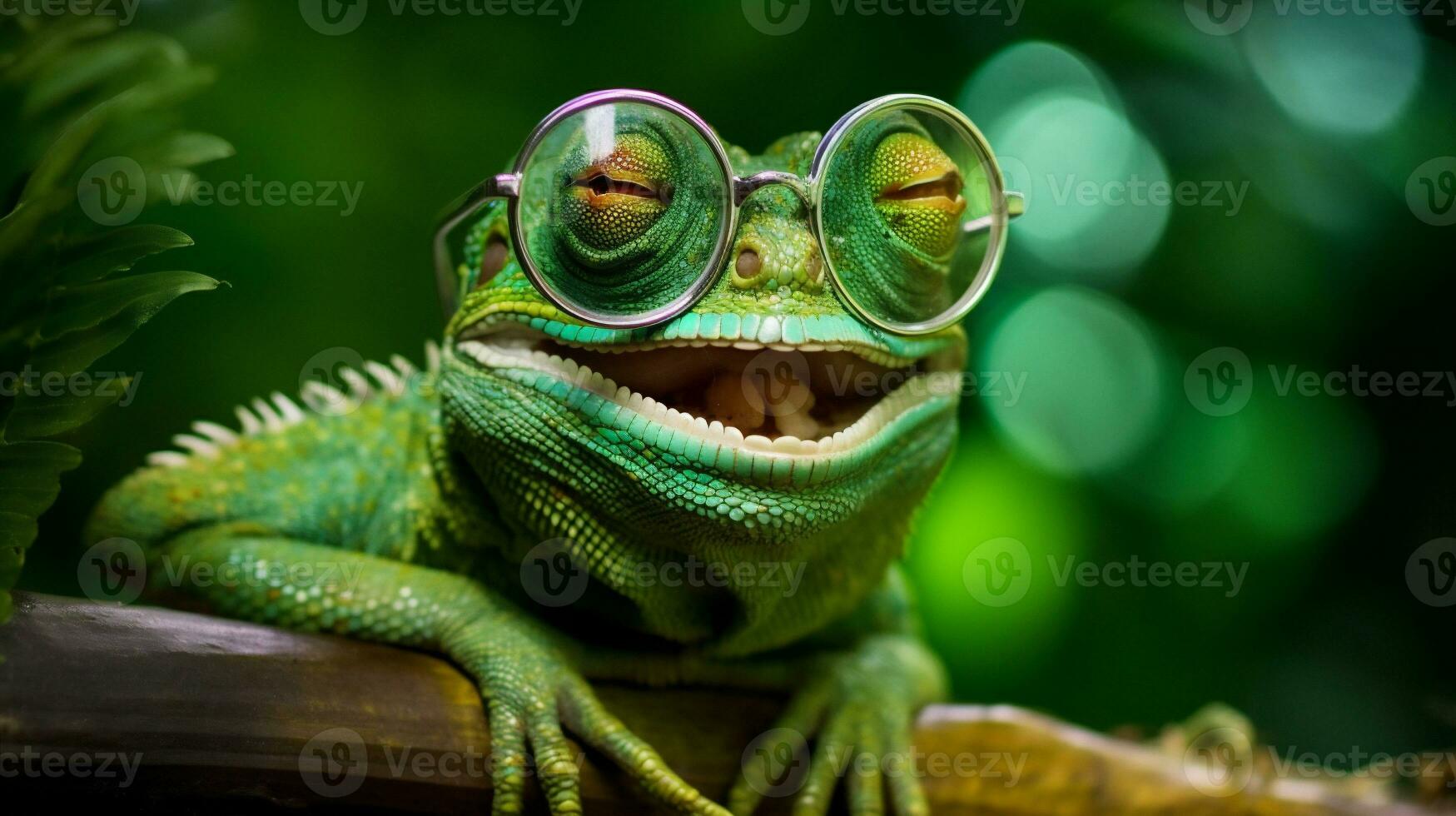 Grün Reptil Brille Rahmen Eidechse Tierwelt Nahansicht Tier Leguan Porträt. generativ ai. foto