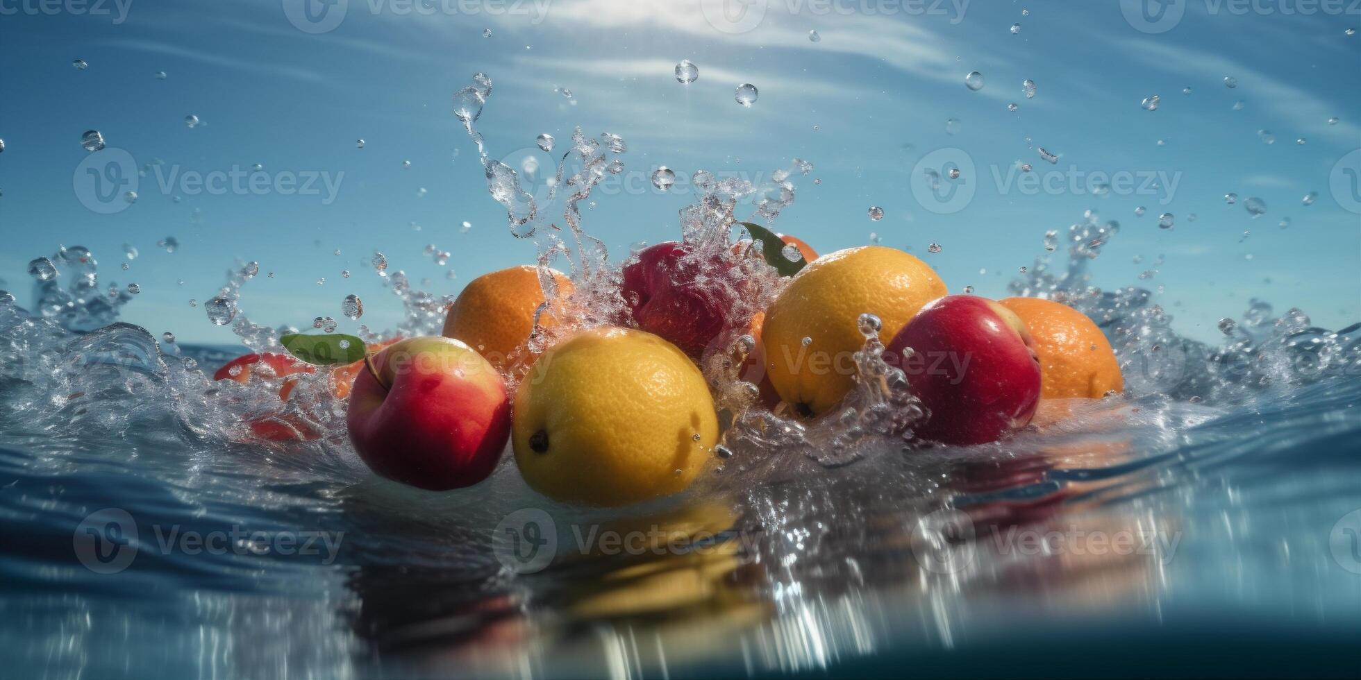 gesund Gesundheit Obst Vitamin Essen Hintergrund frisch fallen Erdbeere Grün Wasser. generativ ai. foto