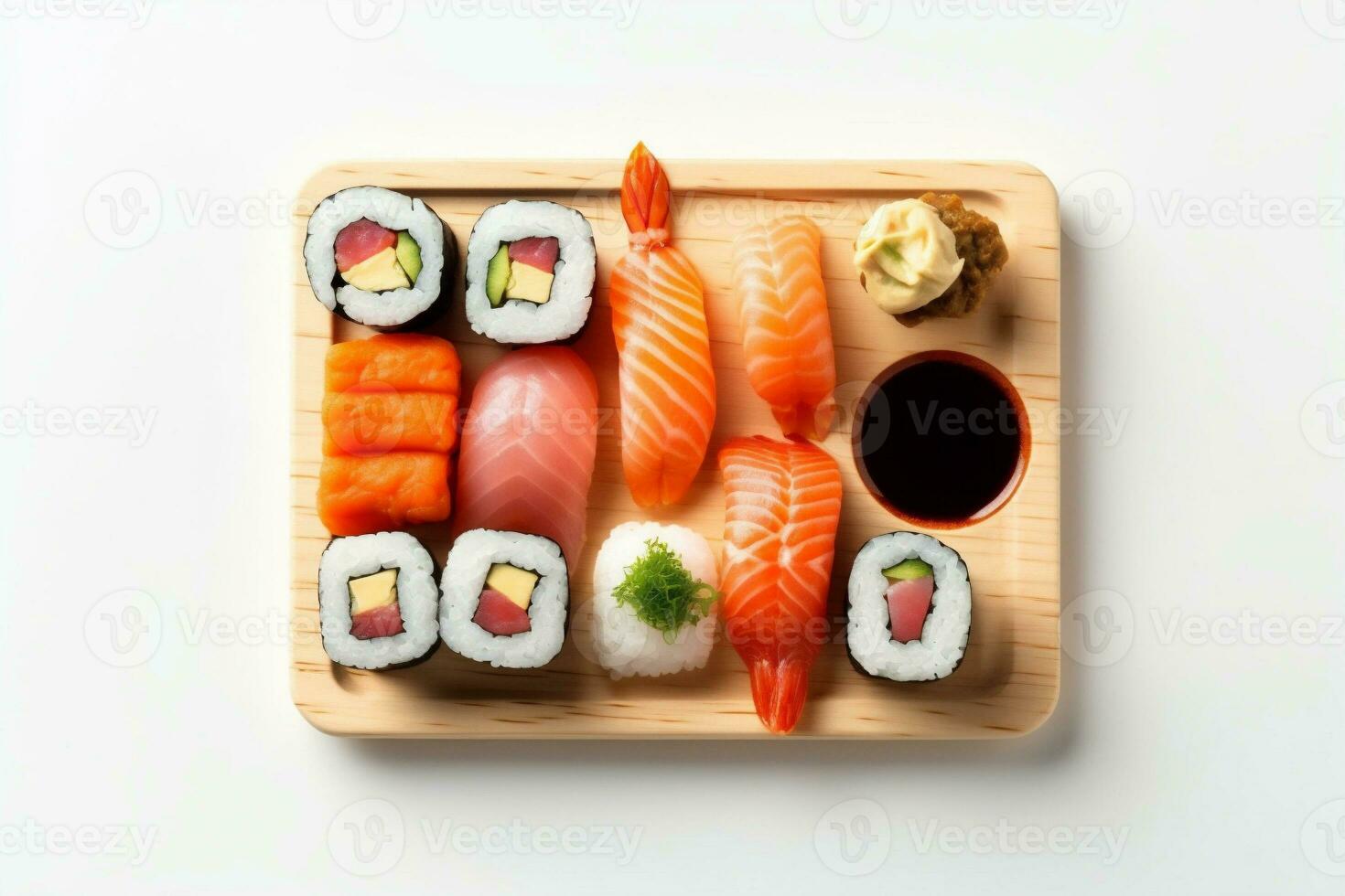Fisch Essen generativ Weiß. gesund Vecteezy Stock-Photo Hintergrund rollen japanisch Meeresfrüchte 25011009 Sushi Reis bei ai. einstellen