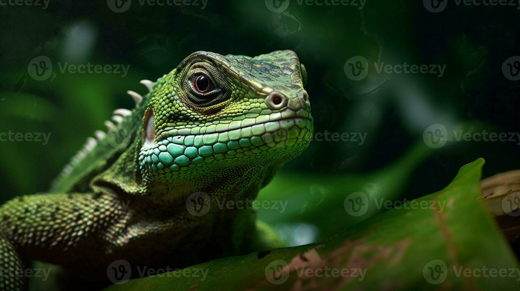 Grün Rahmen Natur Reptil Leguan Nahansicht Eidechse Tier Tierwelt Porträt. generativ ai. foto