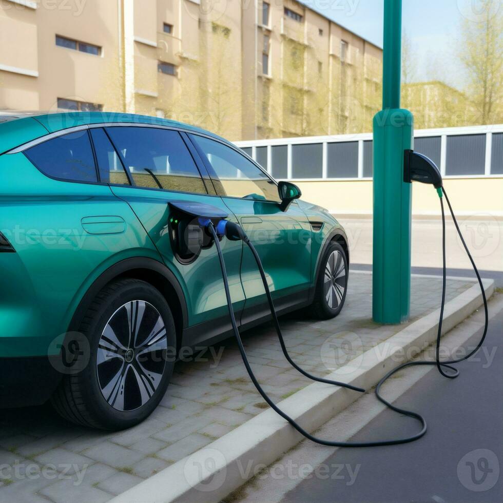 Energie Automobil elektrisch Stadt Elektrizität Auto Leistung Technologie Transport Batterie. generativ ai. foto