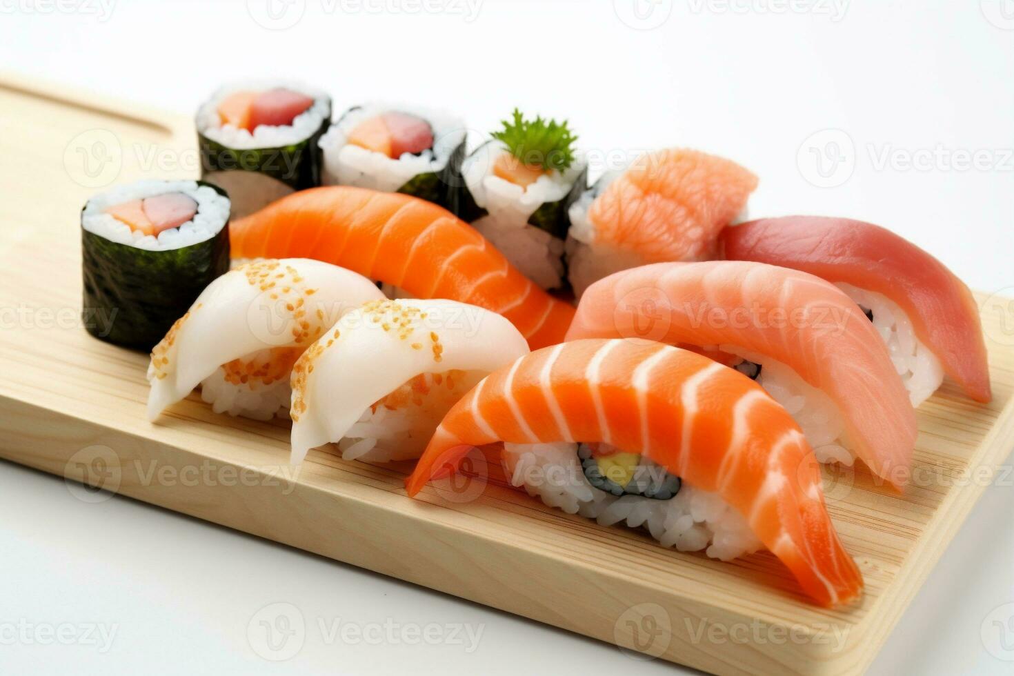 Vecteezy Hintergrund. Reis Fisch ai. 25719176 gesund rollen Stock-Photo generativ Sushi Meeresfrüchte japanisch einstellen Essen Weiß bei