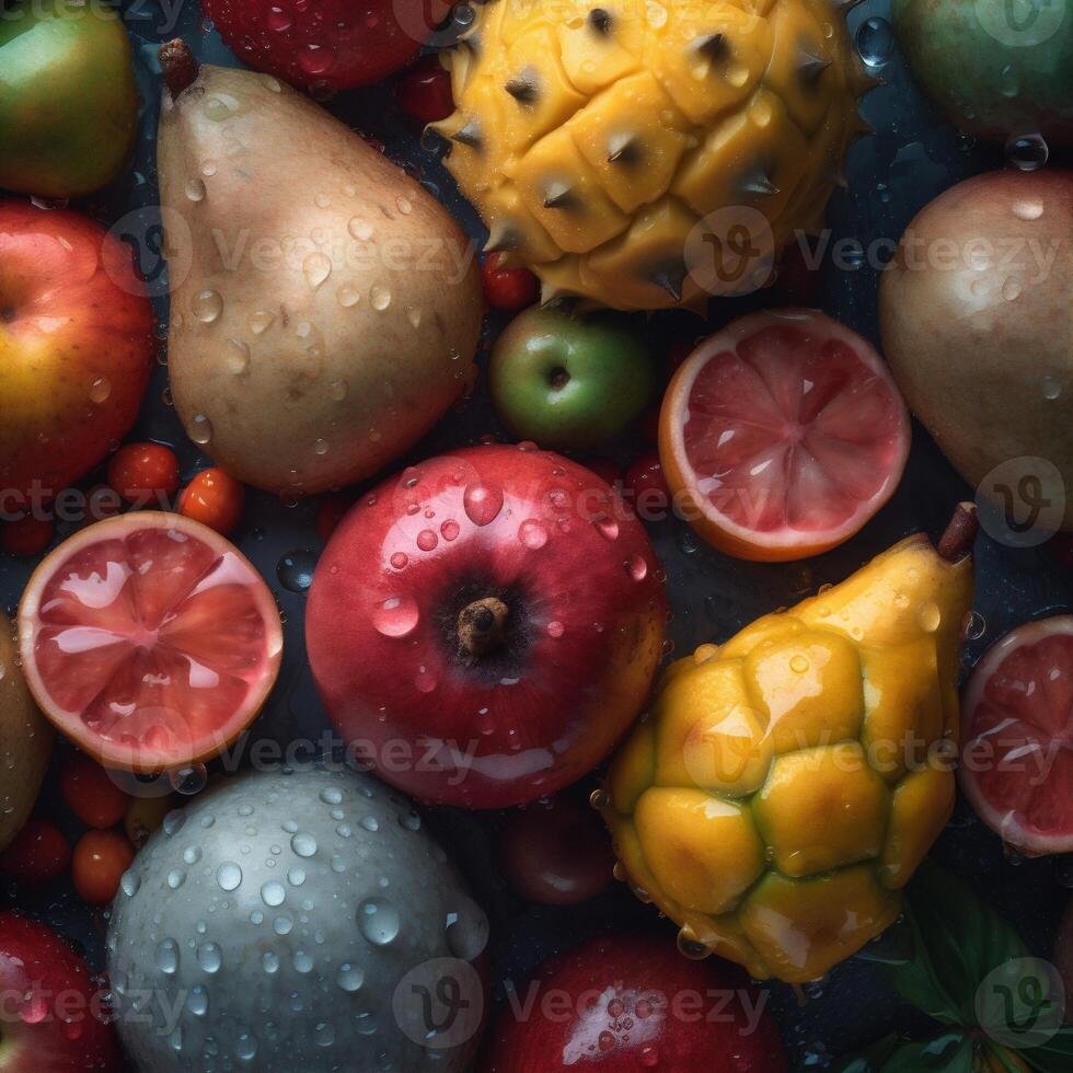 frisch Vitamin Erdbeere fallen Obst gesund Grün Essen Markt Wasser Hintergrund. generativ ai. foto