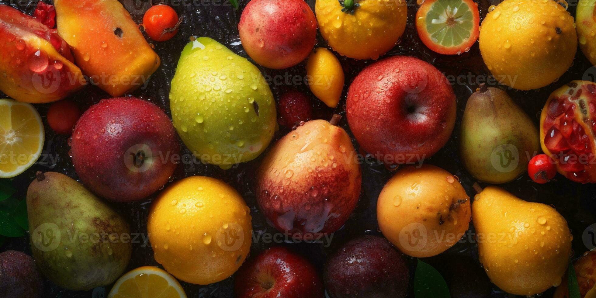 fallen Obst frisch Erdbeere Hintergrund rot Grün gesund Vitamin Essen Wasser. generativ ai. foto