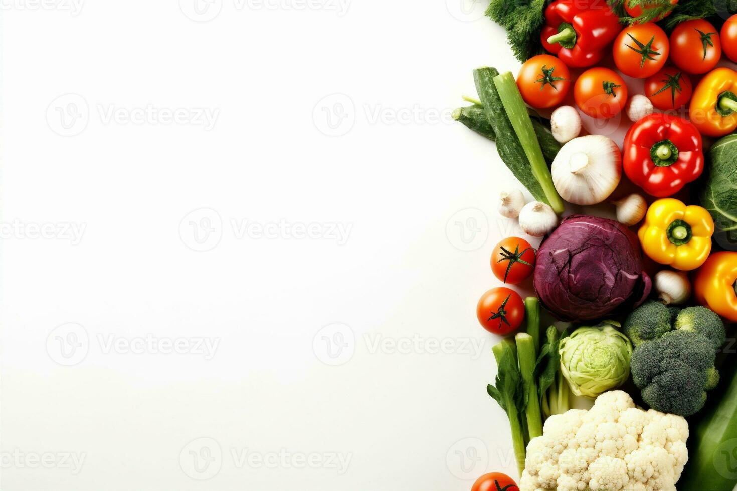 Obst gesund Tomate Weiß Vegetarier Gemüse Grün Essen Hintergrund Brokkoli isoliert. generativ ai. foto