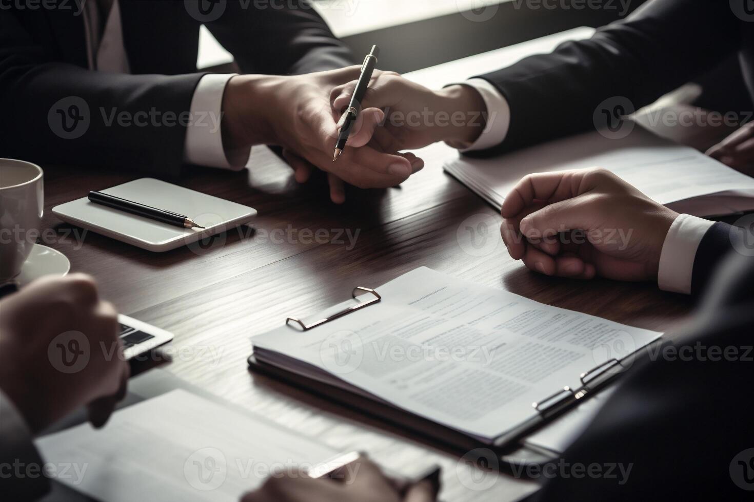 Mann Geschäftsmann Anwalt Büro Geschäftsperson Unterschrift Gruppe dokumentieren Vertrag Geschäft Hand. generativ ai. foto