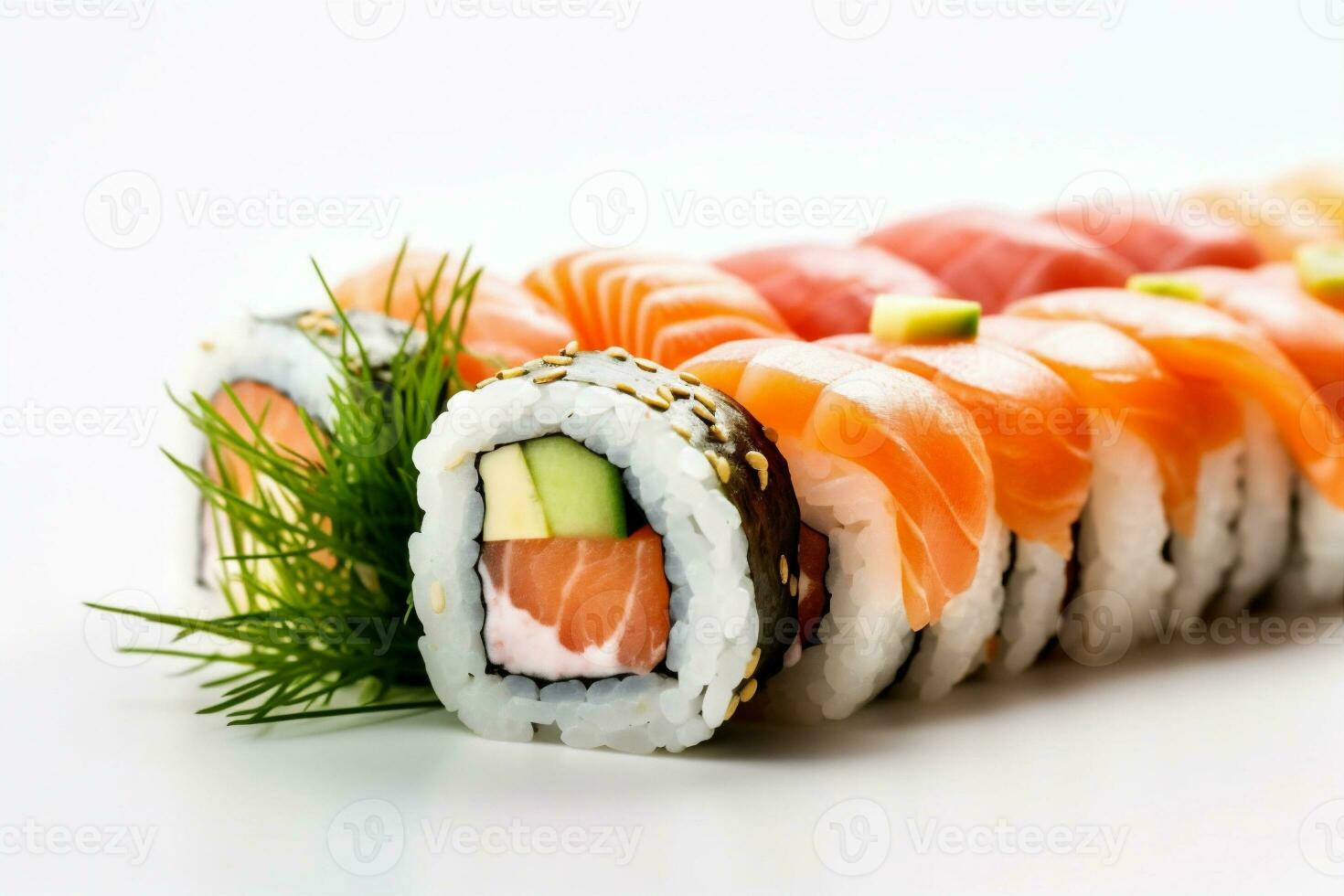 Weiß einstellen gesund Sushi Meeresfrüchte Essen Hintergrund japanisch Fisch rollen Reis. generativ ai. foto
