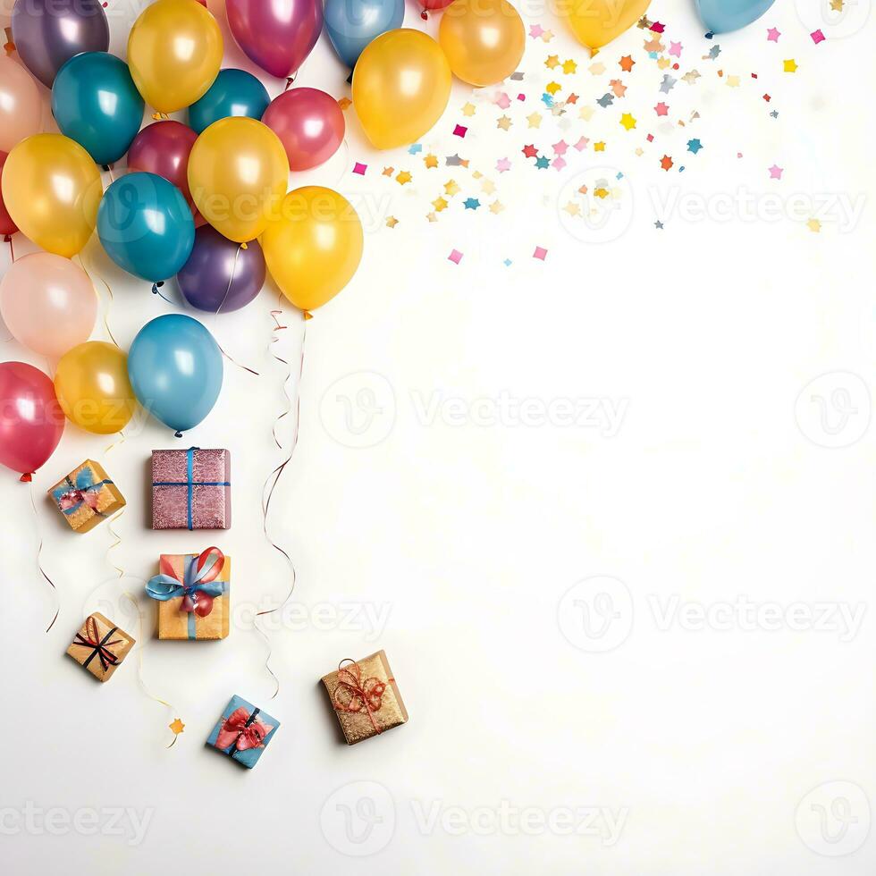 Rahmen mit Luftballons und Konfetti um Es. Geburtstag und Gruß Konzept. ai generiert foto