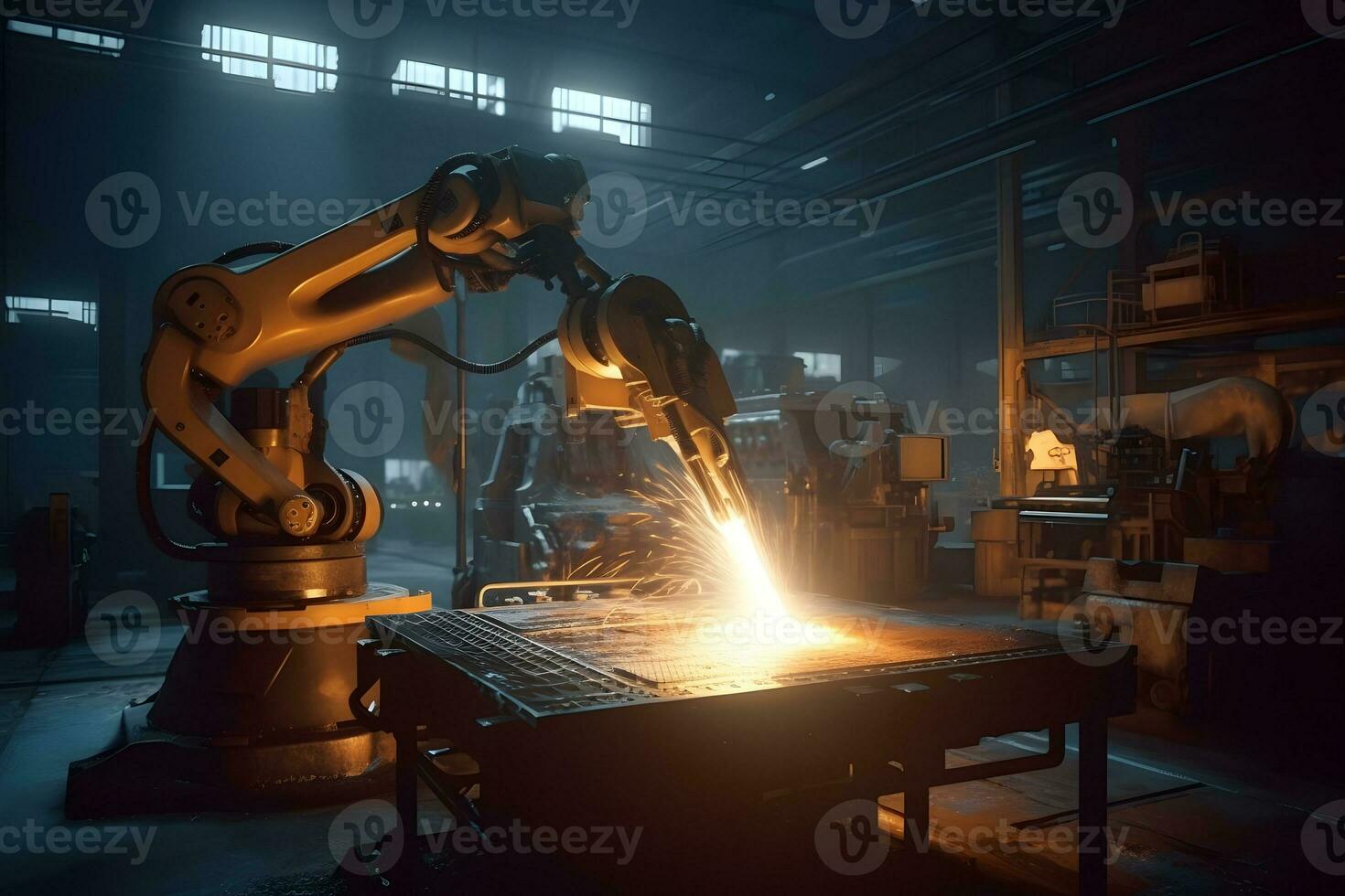 industriell Roboter Arbeiten im das Fabrik. Automobil Industrie Konzept. ai generiert foto