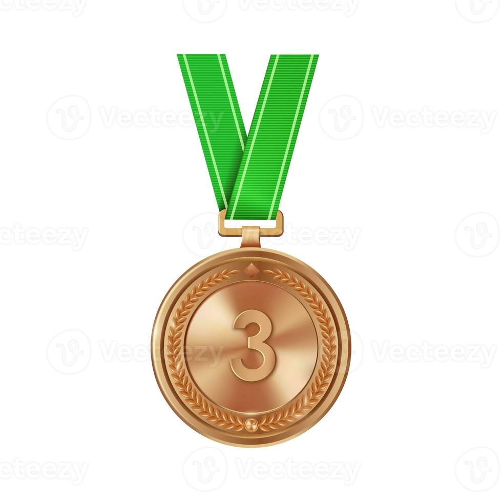 realistisch Bronze- Medaille auf Grün Band mit graviert Nummer drei. Sport Wettbewerb Auszeichnungen zum dritte Ort. Meisterschaft Belohnung zum Erfolge und Sieg. foto