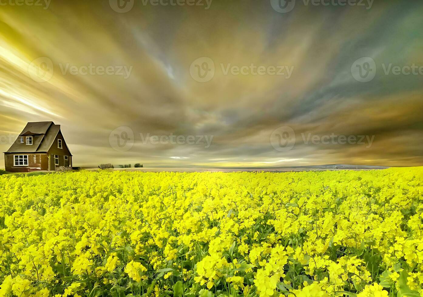 Zuhause und Gelb Blumen im ein Feld mit Wolken foto