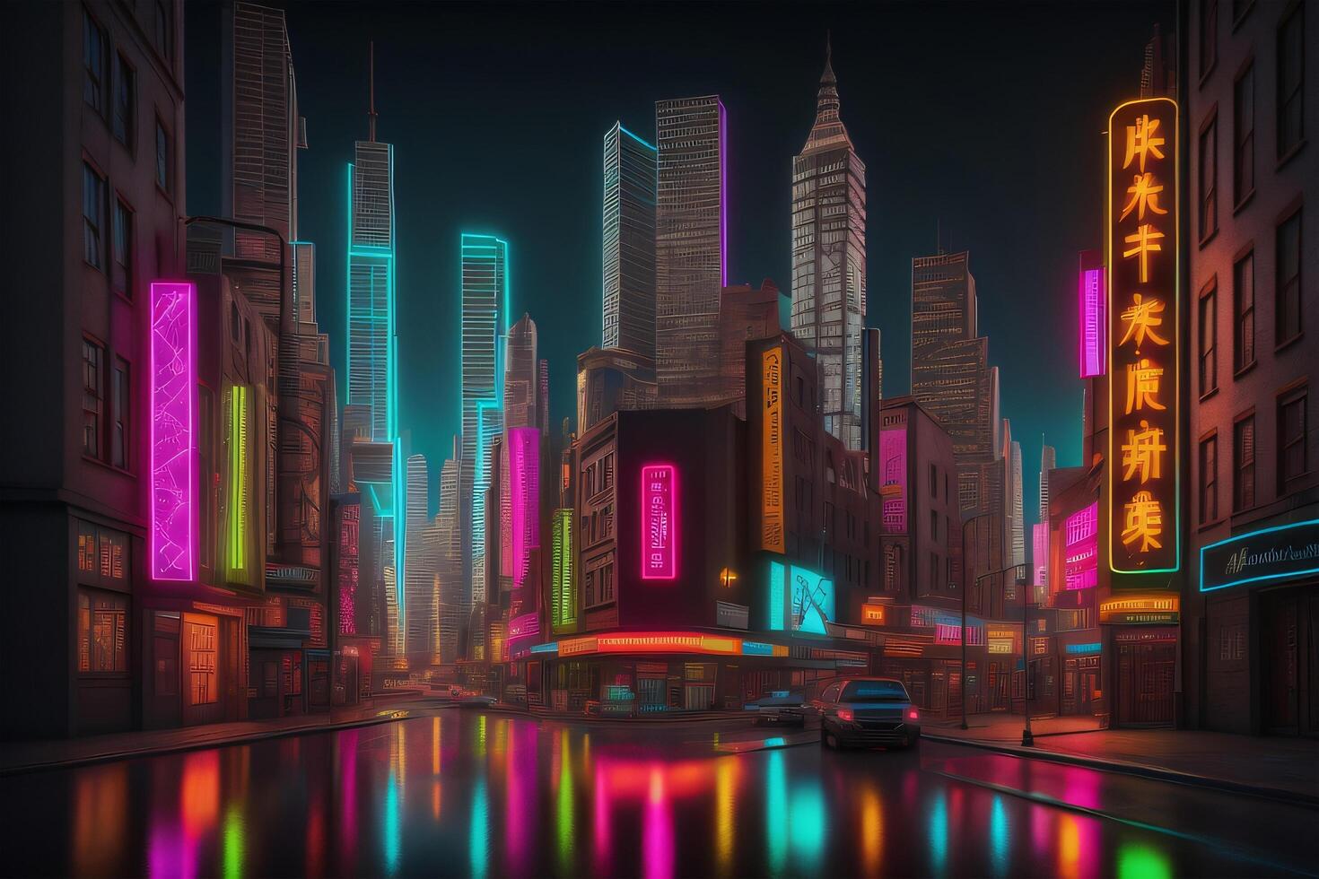 ai generativ Bild, ein realistisch vorstellen modern Stadt Neon- bewirken foto