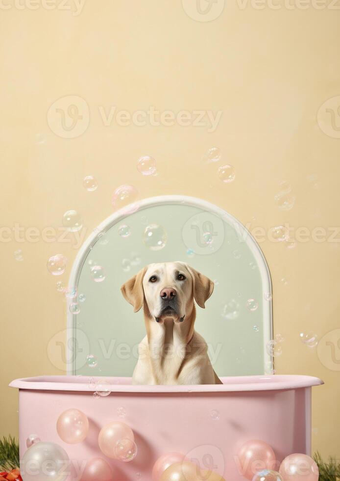 süß Labrador Retriever Hund im ein klein Badewanne mit Seife Schaum und Blasen, süß Pastell- Farben, generativ ai. foto