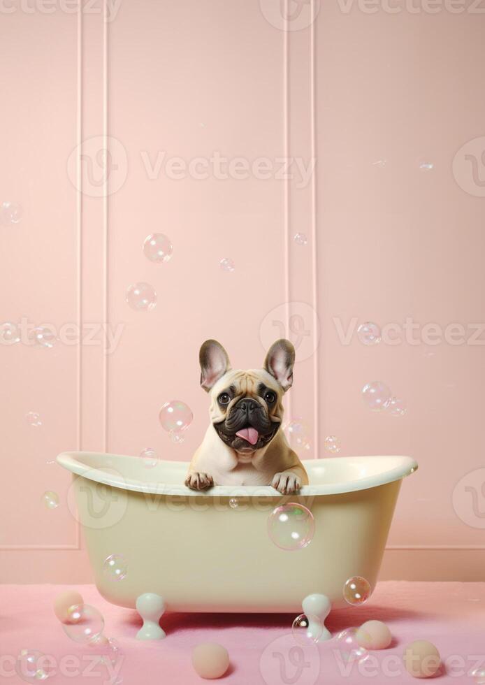 süß Französisch Bulldogge Hund im ein klein Badewanne mit Seife Schaum und Blasen, süß Pastell- Farben, generativ ai. foto