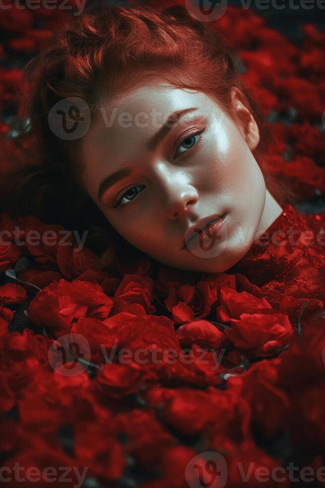 Porträt von ein Frau Lügen unter Blumen foto