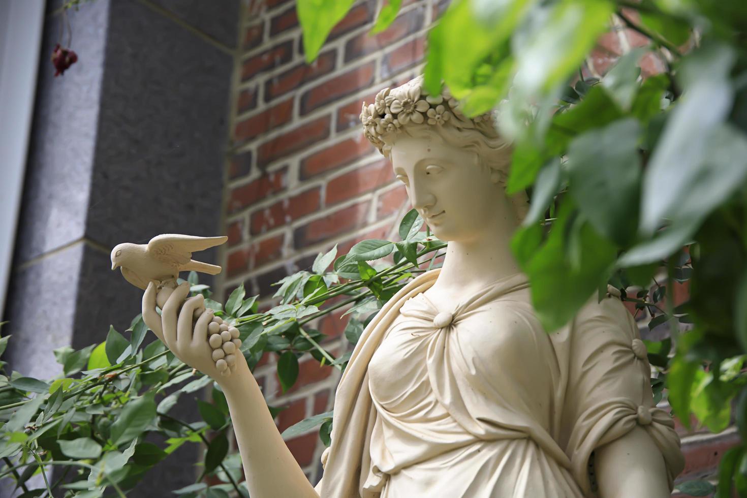 Statue in einem Garten in einem Gewächshaus im Frühjahr foto