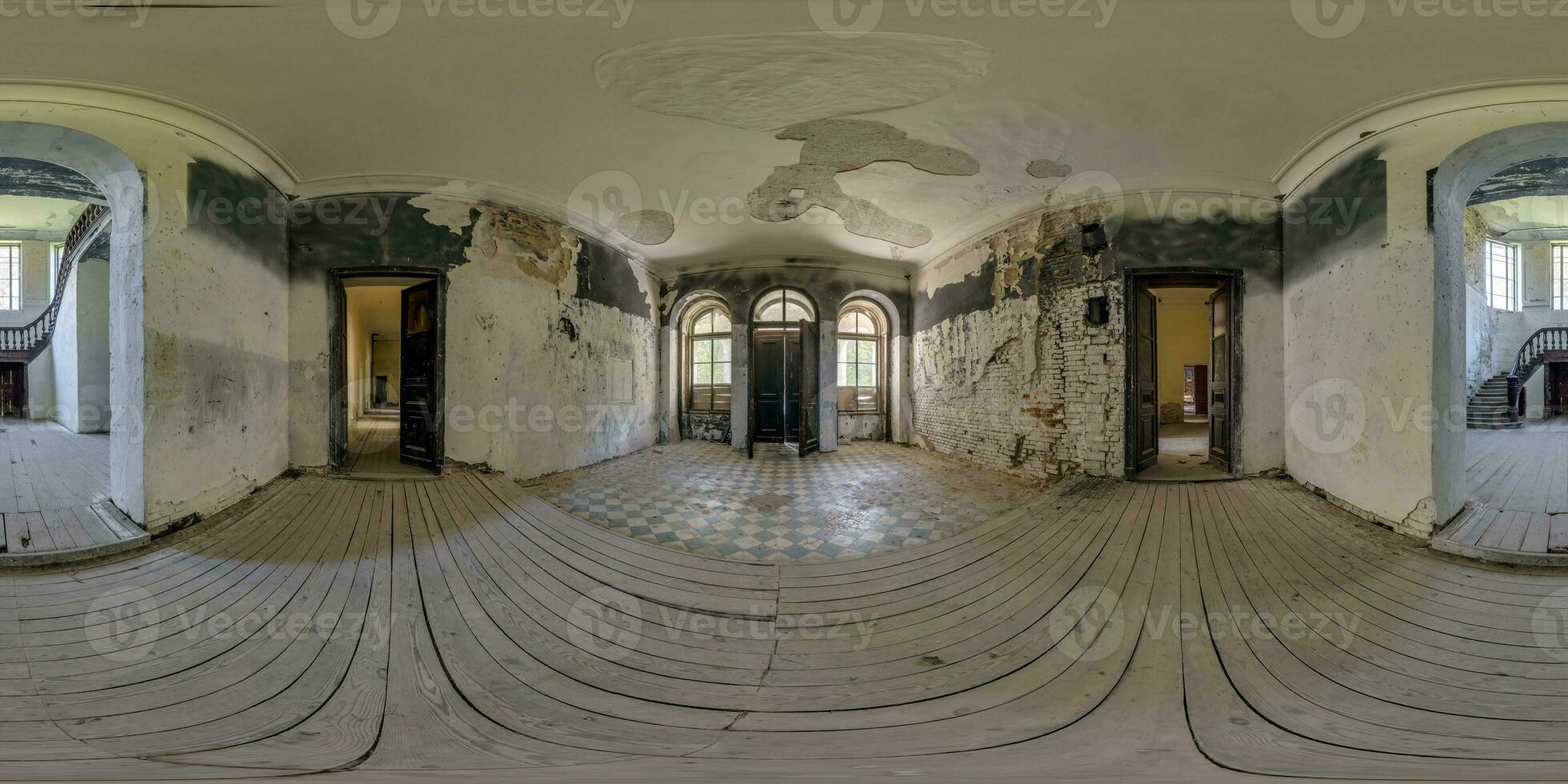 360 hdri Panorama Innerhalb verlassen leeren Beton Halle im Zimmer oder alt Gebäude mit Treppe im nahtlos kugelförmig im gleichwinklig Projektion, bereit ar vr virtuell Wirklichkeit Inhalt foto