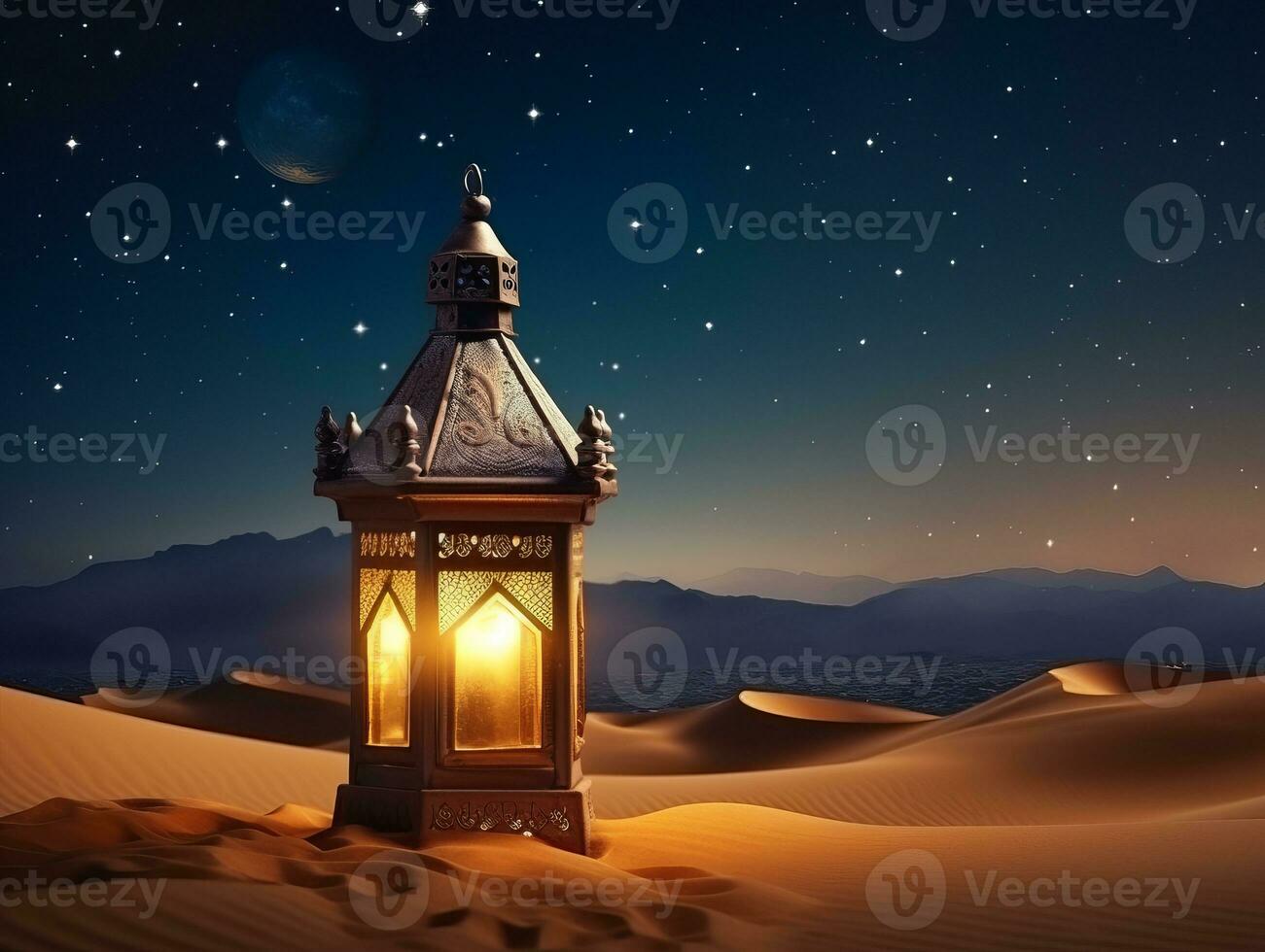 Arabisch Laterne mit Verbrennung Kerze leuchtenden beim Nacht Mond Über sandig Wüste foto