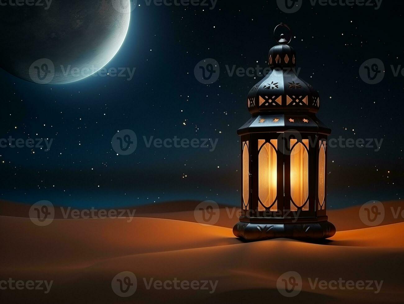 Arabisch Laterne mit Verbrennung Kerze leuchtenden beim Nacht Mond Über sandig Wüste foto