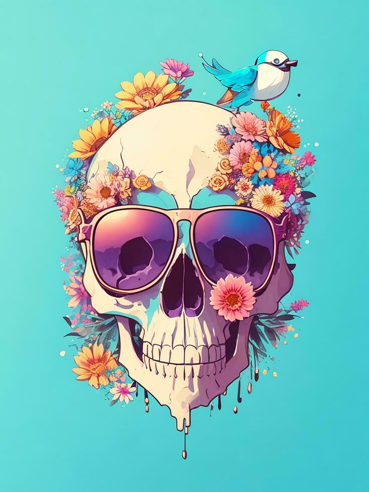 ai generieren detailliert Illustration ein tot Schädel tragen modisch Sonnenbrille, T-Shirt Design, Blumen Spritzen, T-Shirt Design, im das Stil foto