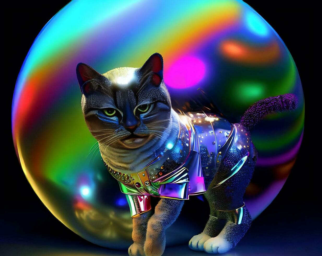 ai generieren Foto Eine Katze, die ein Disco-Outfit trägt und unter einer Disco steht Ball, Digital Kunst