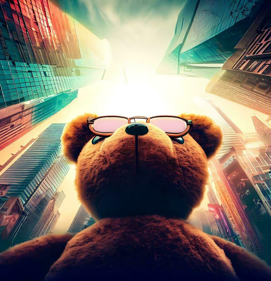 ai generieren Foto eine Totalaufnahme eines Teddybären mit Sonnenbrille, der zu den hohen Gebäuden hinaufschaut im mal Quadrat, Digital Kunst