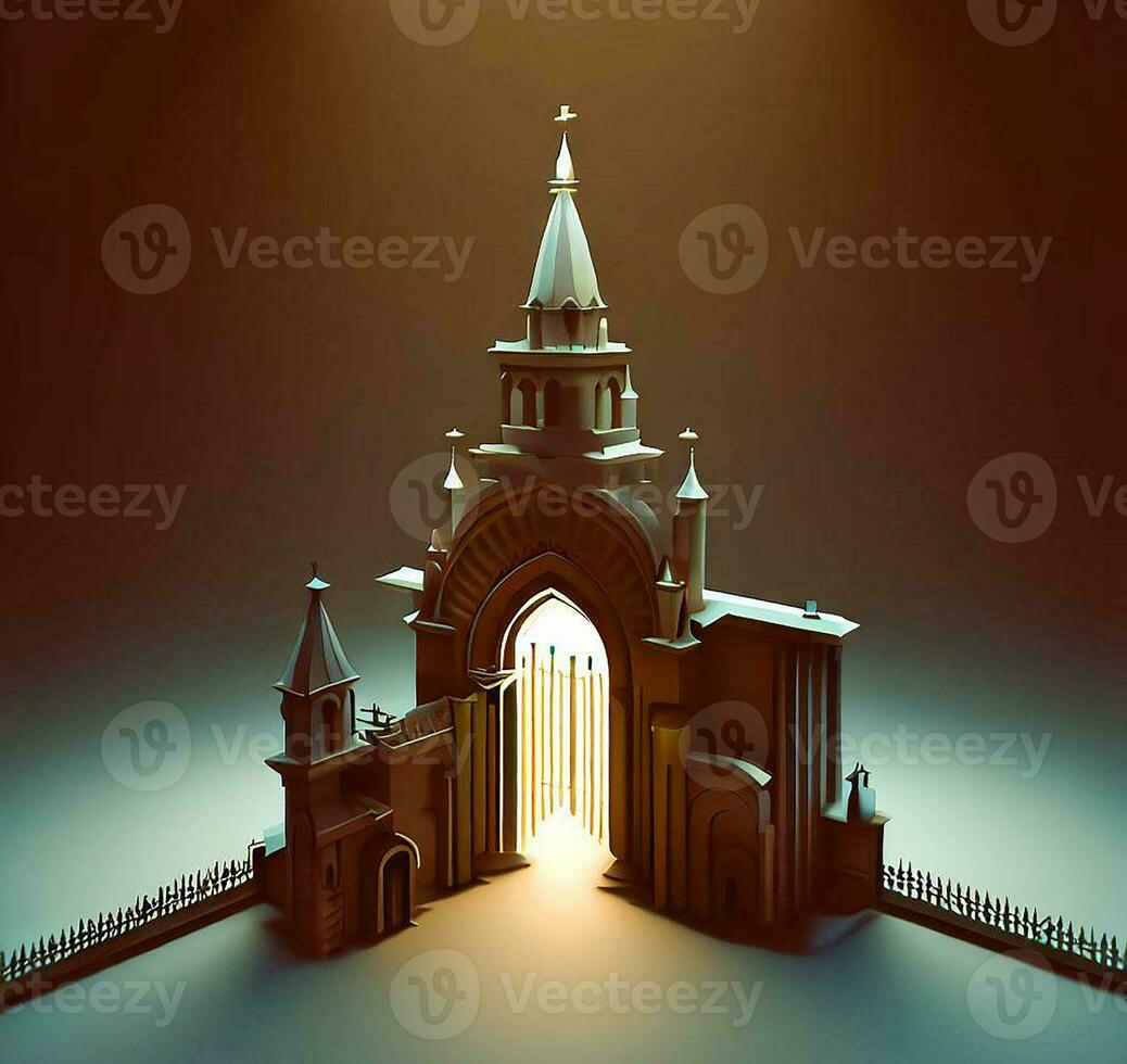 ai generieren Foto 3d Illustration von ein Kirche mit ein Tor im das Mitte