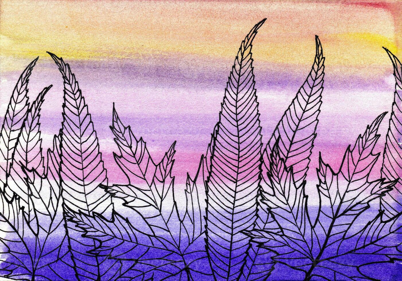 Muster von Blätter auf Aquarell Hintergrund, Gras, Laub, Aquarell Tinte Stift Zeichnung. Wald. Herbst, fallen, Silhouette foto