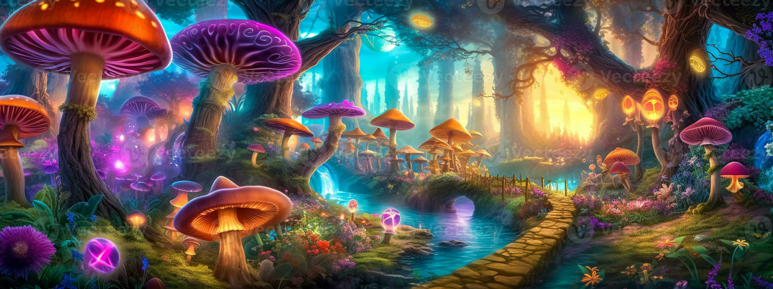 magisch Nacht glühend Wald mit halluzinogen Pilze, Banner, gemacht mit generativ ai foto