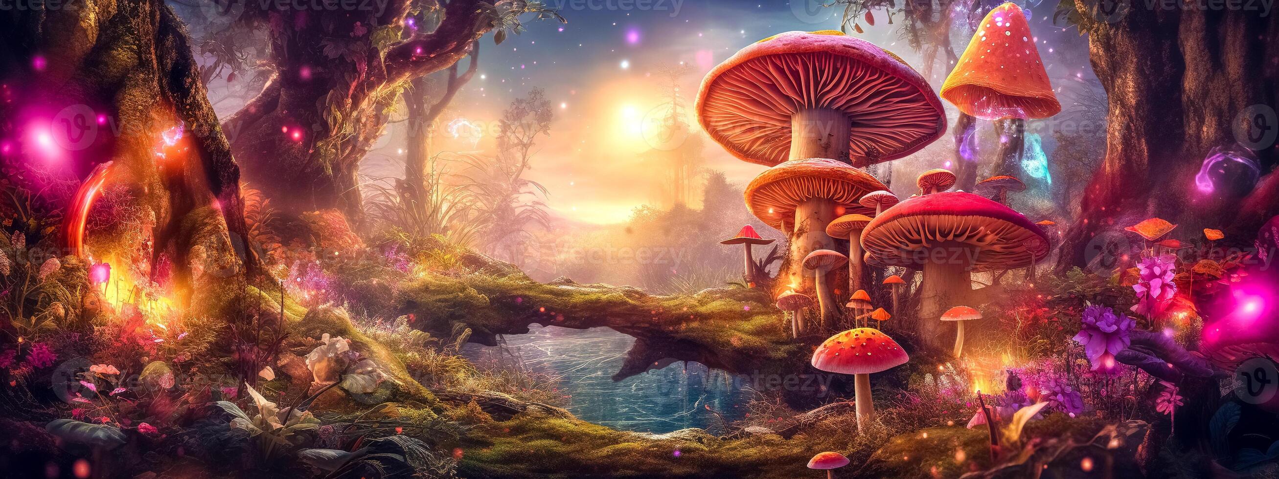 Fee Geschichte, magisch Nacht glühend Wald mit Pilze, Banner und Hintergrund, gemacht mit generativ ai foto