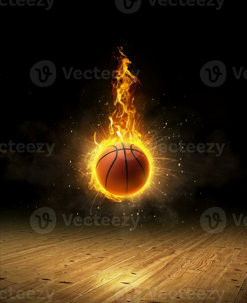 Basketball auf Feuer, ein dunkel Hintergrund auf ein Hartholz Fitnessstudio Fußboden foto