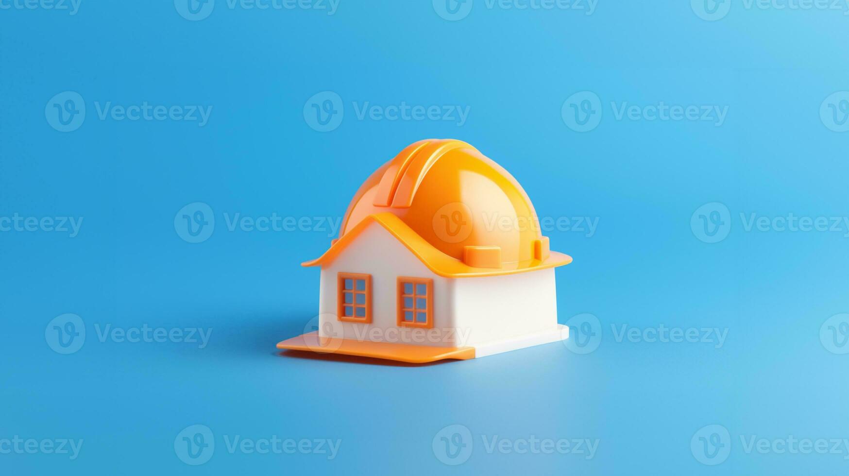 Spielzeug Haus mit ein Dach im das bilden von ein schützend Helm auf ein Blau Hintergrund. ai generiert foto