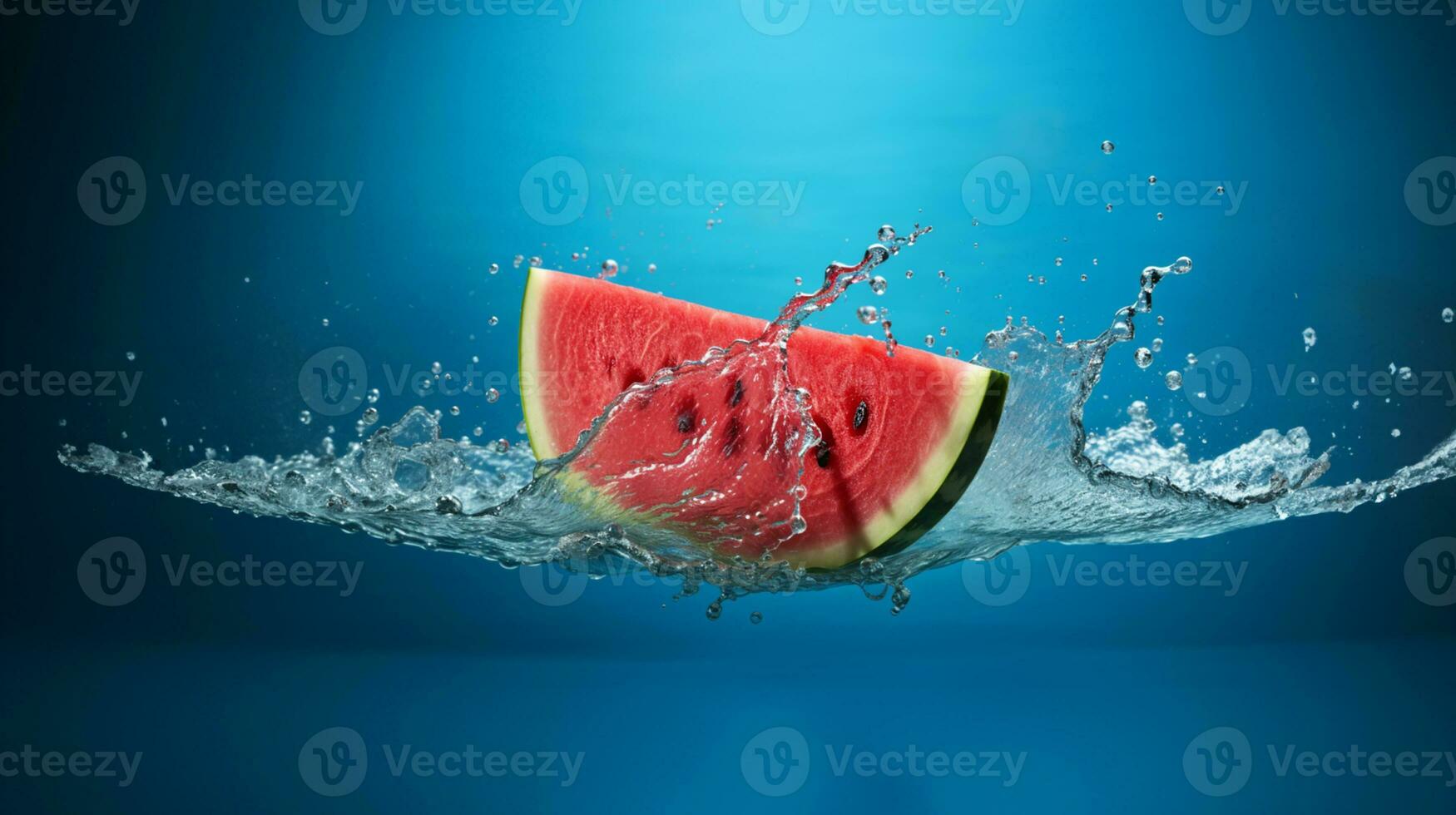 frisch Stücke von Wasser Melone fallen im Wasser mit Spritzen auf Blau. ai generiert foto