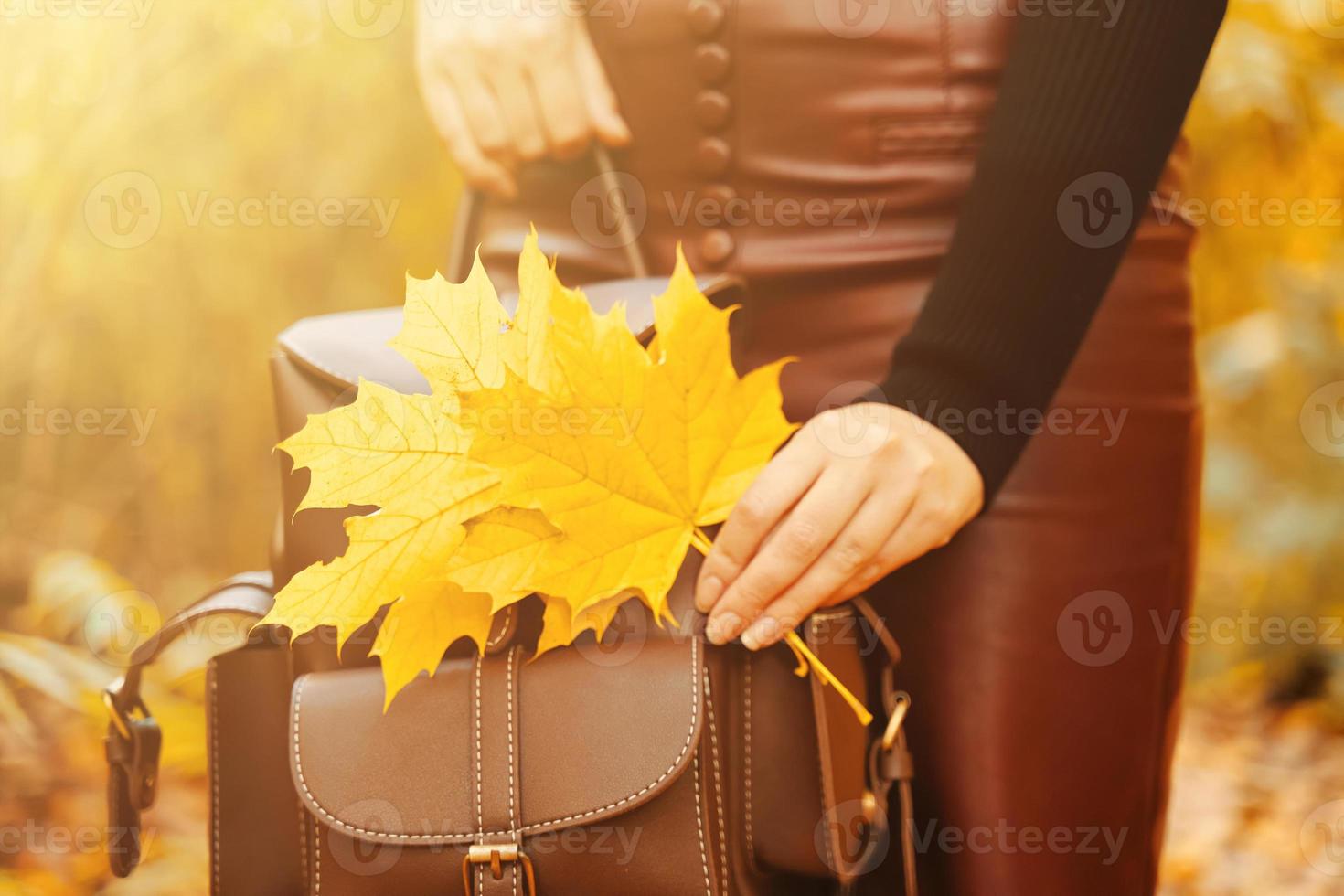 Frau mit Rucksack und Laub. foto