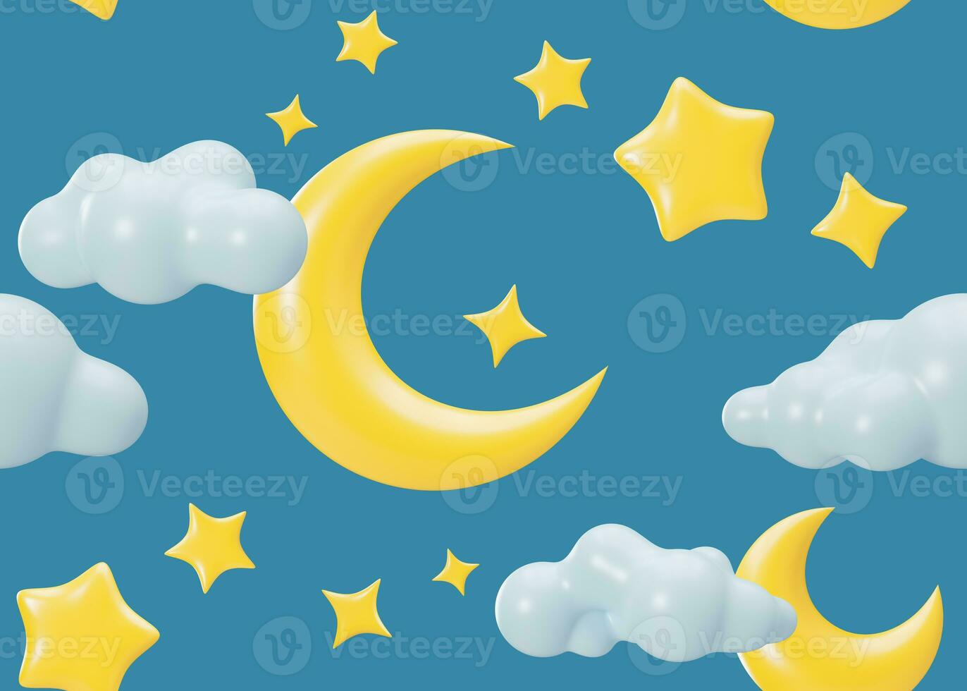 nahtlos Muster mit Gelb 3d Sterne, Monde, Wolken auf Blau Hintergrund. anwendbar zum Stoff drucken, Textil, Hintergrund. wiederholbar Textur. Karikatur Stil, Muster zum Kinder Bettwäsche, Kleidung. 3d. foto