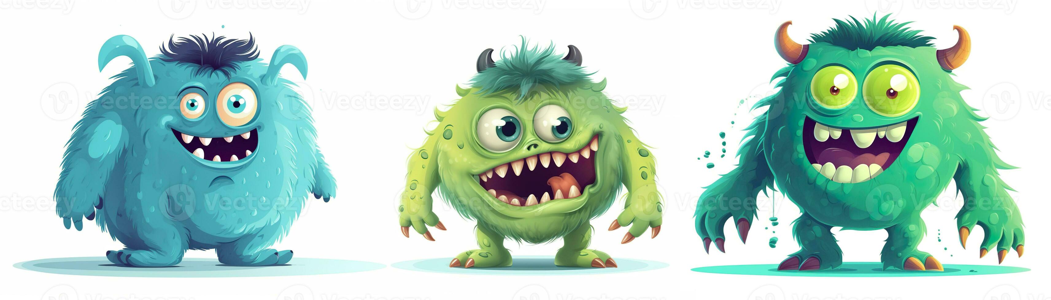 komisch Grün und Blau Karikatur Monster auf Weiß Hintergrund. unheimlich Kreaturen Satz. süß Halloween Figuren. generativ ai. foto